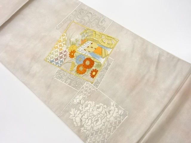 JAPANESE KIMONO / VINTAGE FUKURO OBI / EMBROIDERY / PEONY & TRADITIONAL PATTERN
